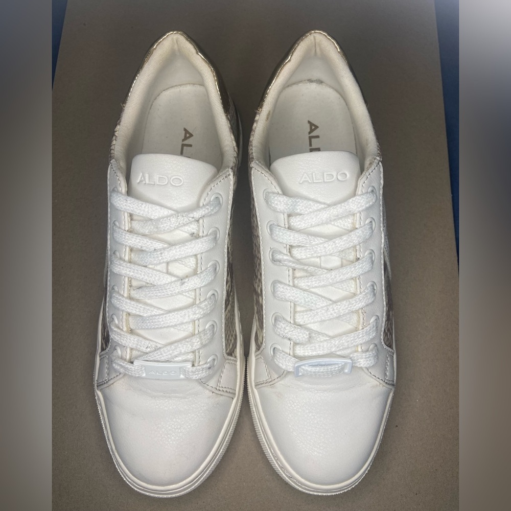 Aldo white and tan sneakers. Size 6W. Slightly worn.